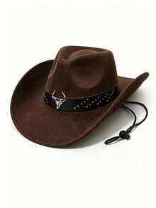 Unisex Faux Suede Western Cowboy Hat With Retro Long Horn Skull Rivet Leather Band, Adjustable Wind Rope, Vintage Cowboy Style For Outdoor, Festival, Travel, Daily Wear, Multi-Color For Men And Women - Suede Fat Cow Hat - View 9