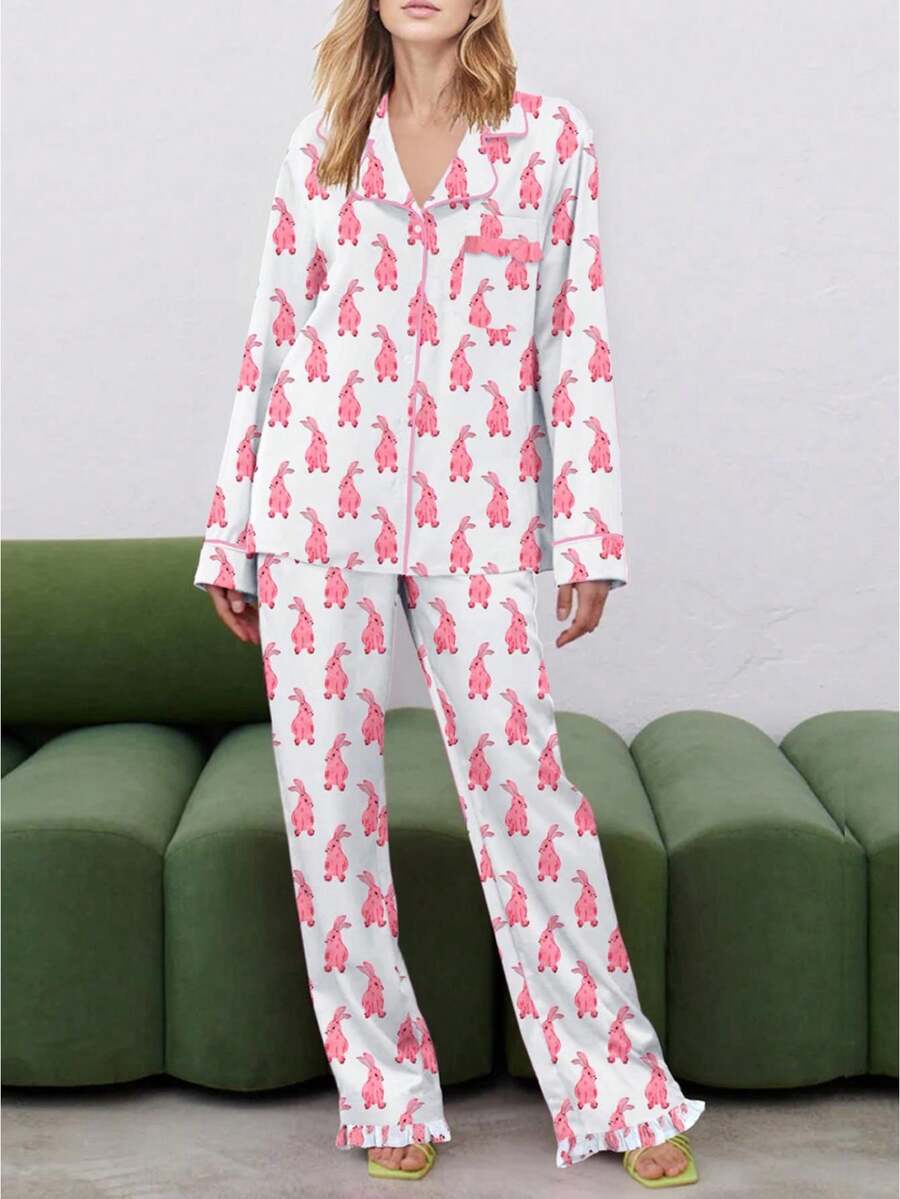 Women's 2 Piece Lounge Set Long Sleeve Lapel Bunny Print Shirt Pants Sleepwear Sets - Pink - View 1