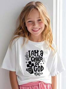 Solo hay una camiseta de manga corta a la .1 camiseta blanca para niños con estampado "Hijo de Dios", cuello redondo, camiseta casual de algodón, tejido de punto de elasticidad media, corte regular para niños y niñas, con diseño de cruz y flores, para primavera/verano/otoño, Pascua, Día de la Madre, regreso a clases. - Negro - Ver 1