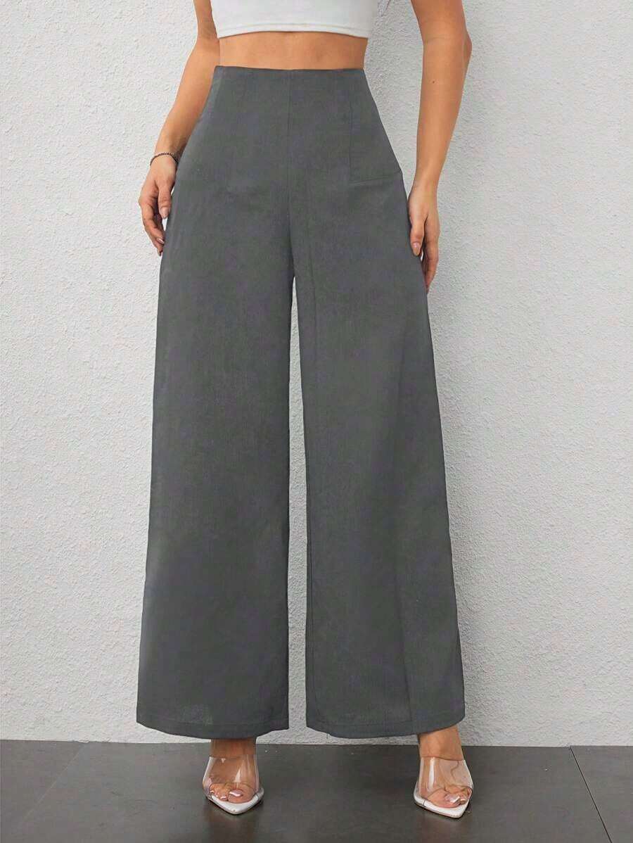 PETITE Pantalones anchos de cintura alta con textura, moda casual sencilla para la temporada de vuelta al colegio, estilo de dinero viejo para ir y venir - Gris Oscuro - Ver 1