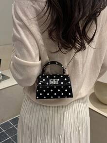 Mini sac à main et sac à bandoulière à rabat verrouillable de style mode minimaliste à motif pois, sac fourre-tout avec imprimé à pois et motif de rouge à lèvres de style français, mini sac de ville, de soirée, polyvalent - Noir - Voir 7