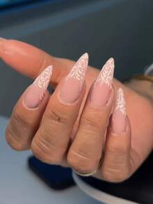 A Set Of 24 Exquisite Long, Pointed Press-On False Nails Featuring A French White Lace Design, Perfect For Nail Art For Girls And Women At Weddings, Dates, Afternoon Tea, And Business Commutes. - Multicolor - View 1