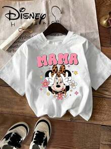 Mother's Day Disney Minnie Mouse T-Shirt Featuring A Leopard Print Headband Surrounded By Flowers And Stars, With "MAMA" Print. Disney Summer New Short-Sleeve Top For Women, Casual Fashion Printed T-Shirt - White - View 6