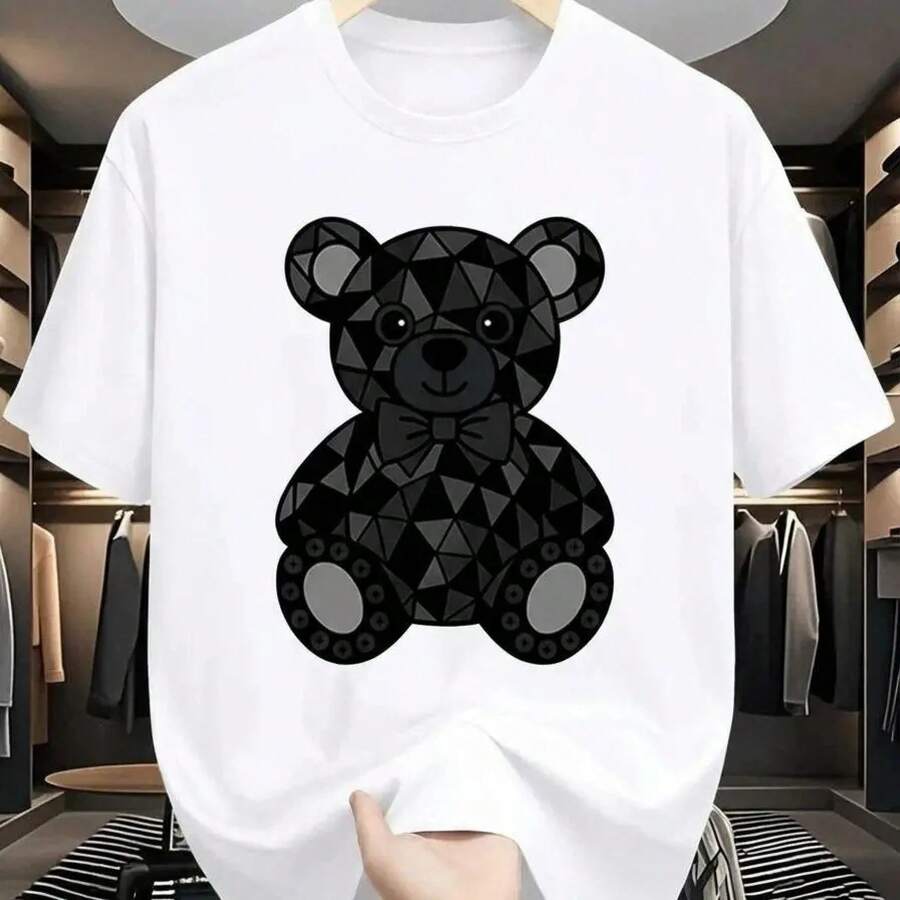Almacén local, playeras de hombre, camisas para hombre, ropa de hombre, playera hombre, Oso geométrico, patrón estampado moderno, cuello redondo, corte básico holgado, hombres y mujeres, transpirable, versátil, lavable aáquina, cómoda, talla S ~ 2XL, di