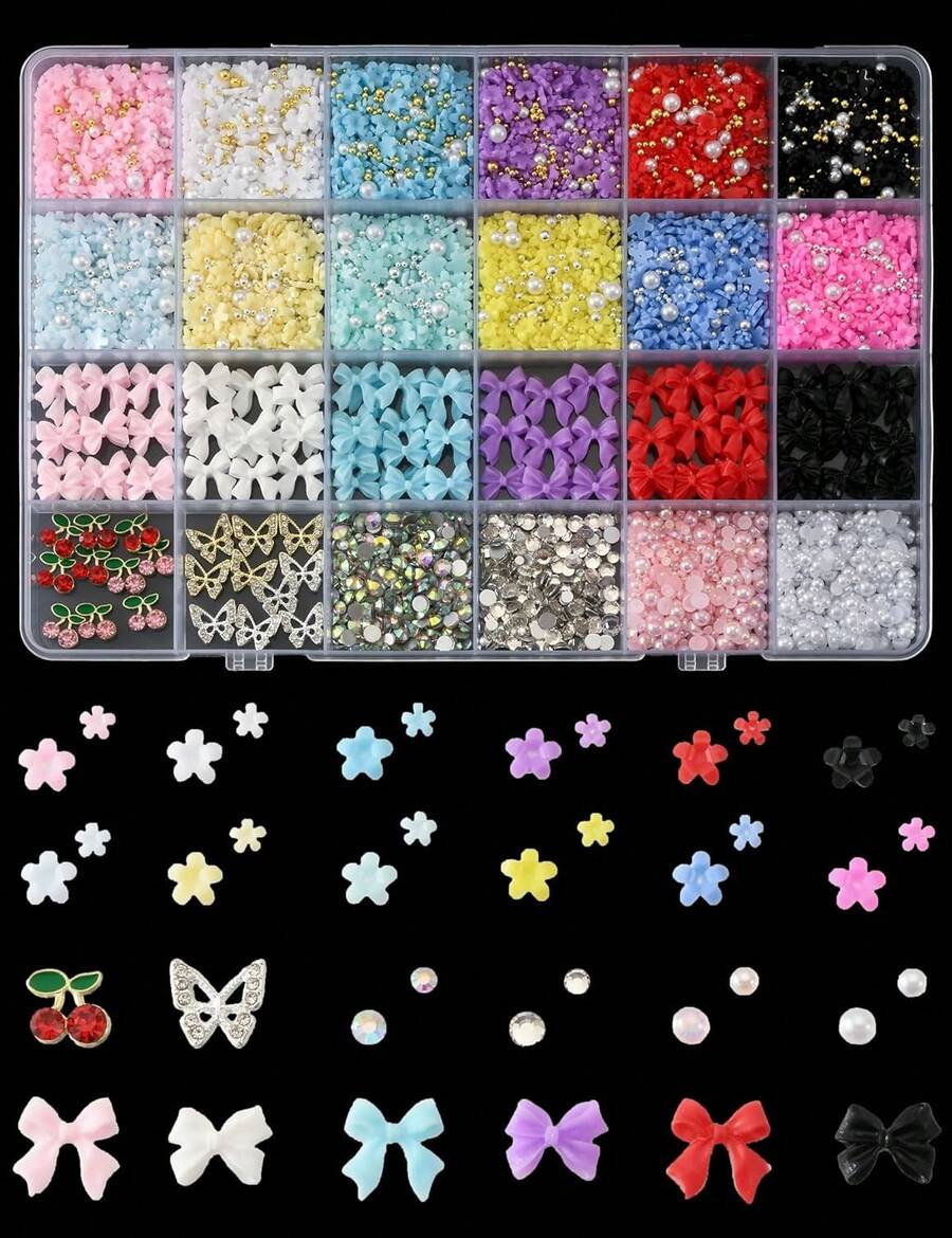 Euuztu 3D Nail Charms And Gems 6000 Pcs Charms Nails Design Resin And Metal Cute Nail Art Charms Nail Flowers Bows Cherry With Rhinestones And Pearls - 第一組 - 蝴蝶結 - 查看 1