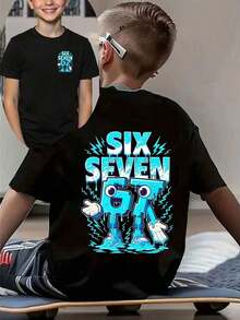 GraphicGems Boys' Basic Short Sleeve T-Shirt, Casual, Elegant, Creative, Personalized, Refreshing, Chic, Minimalist, Cool Style, With Digit 67 Football Graphic Print, Comfortable Clothing For Daily Wear, Cozy Summer And Autumn Styles, Suitable For 7 Year Olds, Graphic Clothing For Boys, Hip Hop Clothing For Boys. - 軍綠色 - 查看 1