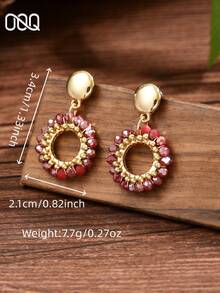 OOQ 1pc Vintage Bohemian Style Geometric Teardrop Faux Crystal Beaded Earrings, Fashionable & Charming Versatile Earrings For Girls And Women, Suitable For Daily Wear, Wedding Season, Valentine's Day Gift For Friends And Loved Ones (Handmade Beads In Random Colors, Quantities And Positions) - Burgundy - View 2