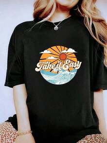 Fashion 1 Piece 100% Cotton Unisex - "Take It Easy" T-Shirt - 70s Inspired Boho Hippie T-Shirt - Short Sleeve Crew Neck T-Shirt For Women - Graphic Tees For Women - 210g 100% Cotton, Designs Are Printed. Unisex. Simple Solid Color Women's T-Shirt, Loose Fit, Casual Short Sleeve. - 黑色 - 查看 1