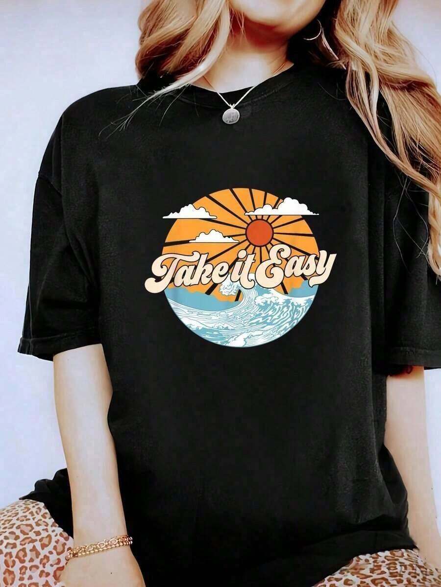 Fashion 1 Piece 100% Cotton Unisex - "Take It Easy" T-Shirt - 70s Inspired Boho Hippie T-Shirt - Short Sleeve Crew Neck T-Shirt For Women - Graphic Tees For Women - 210g 100% Cotton, Designs Are Printed. Unisex. Simple Solid Color Women's T-Shirt, Loose Fit, Casual Short Sleeve. - 黑色 - 查看 1