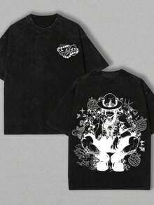 T-shirt de manga curta para homem 2026 com estampado - T-shirt de manga curta com estampado em ambos os lados, gola redonda casual, entrega local, T-shirt vintage lavada, 100% algodão puro, gola redonda, lavada, com efeito desgastado e estampado, corte largo, estilo streetwear - Preto - Ver 1