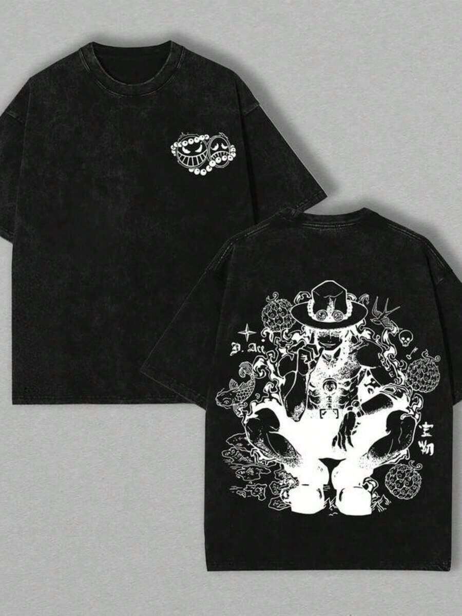 T-shirt de manga curta para homem 2026 com estampado - T-shirt de manga curta com estampado em ambos os lados, gola redonda casual, entrega local, T-shirt vintage lavada, 100% algodão puro, gola redonda, lavada, com efeito desgastado e estampado, corte largo, estilo streetwear - Preto - Ver 1