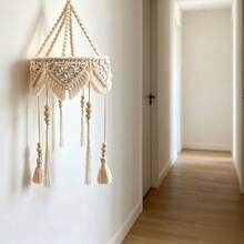 1pc Macrame Wall Hanging, Handwoven Decor With Wooden Beads & Tassels, Boho Style Wall Decor For Bedroom - Beige - View 4