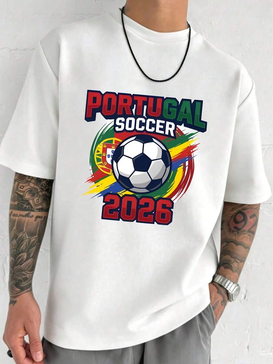 Camiseta de hombre 100% algodón con estampado de la selección de fútbol de Portugal, suave y cómoda, de manga corta para el verano. - Blanco - Ver 1
