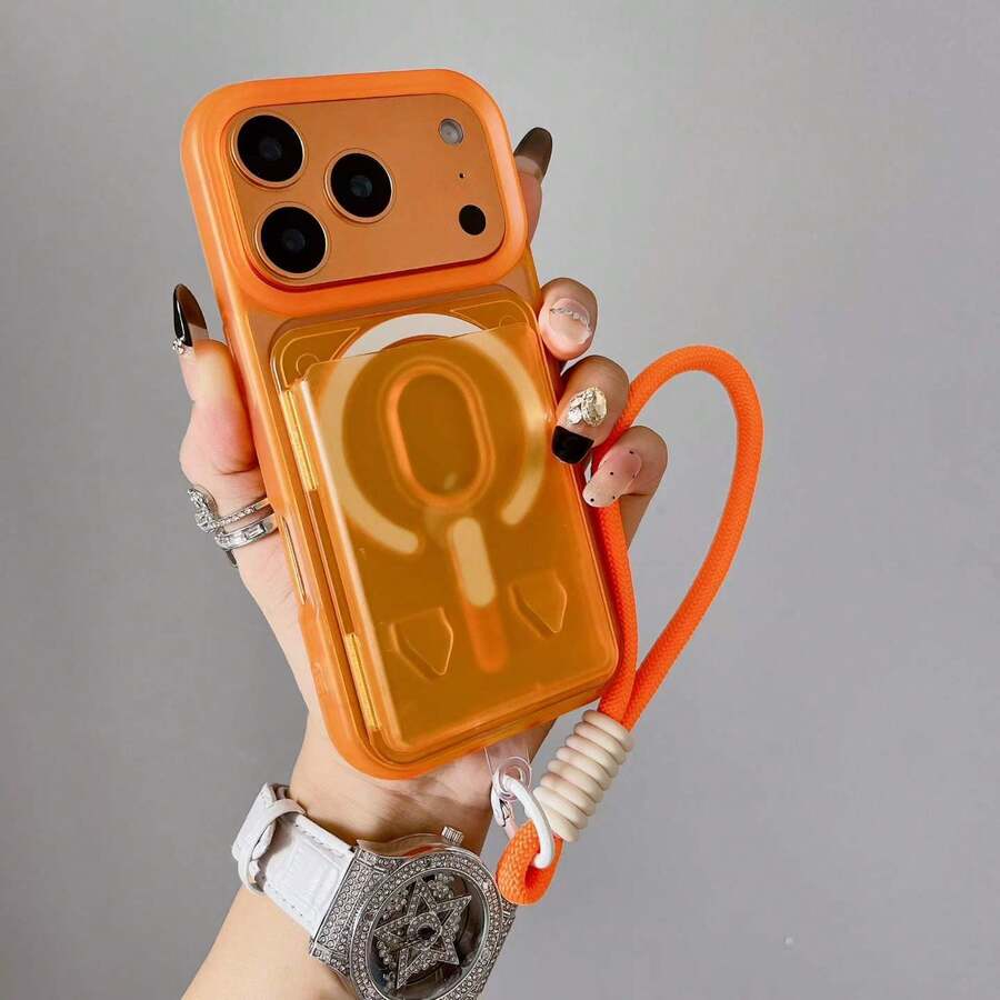 Minimalist Luxury Apple 17 Magnetic Card Case Phone Shell, Skin-Friendly Magnetic Charging Shell + Short Lanyard, Suitable For IPhone 16 Pro - Orange - View 1