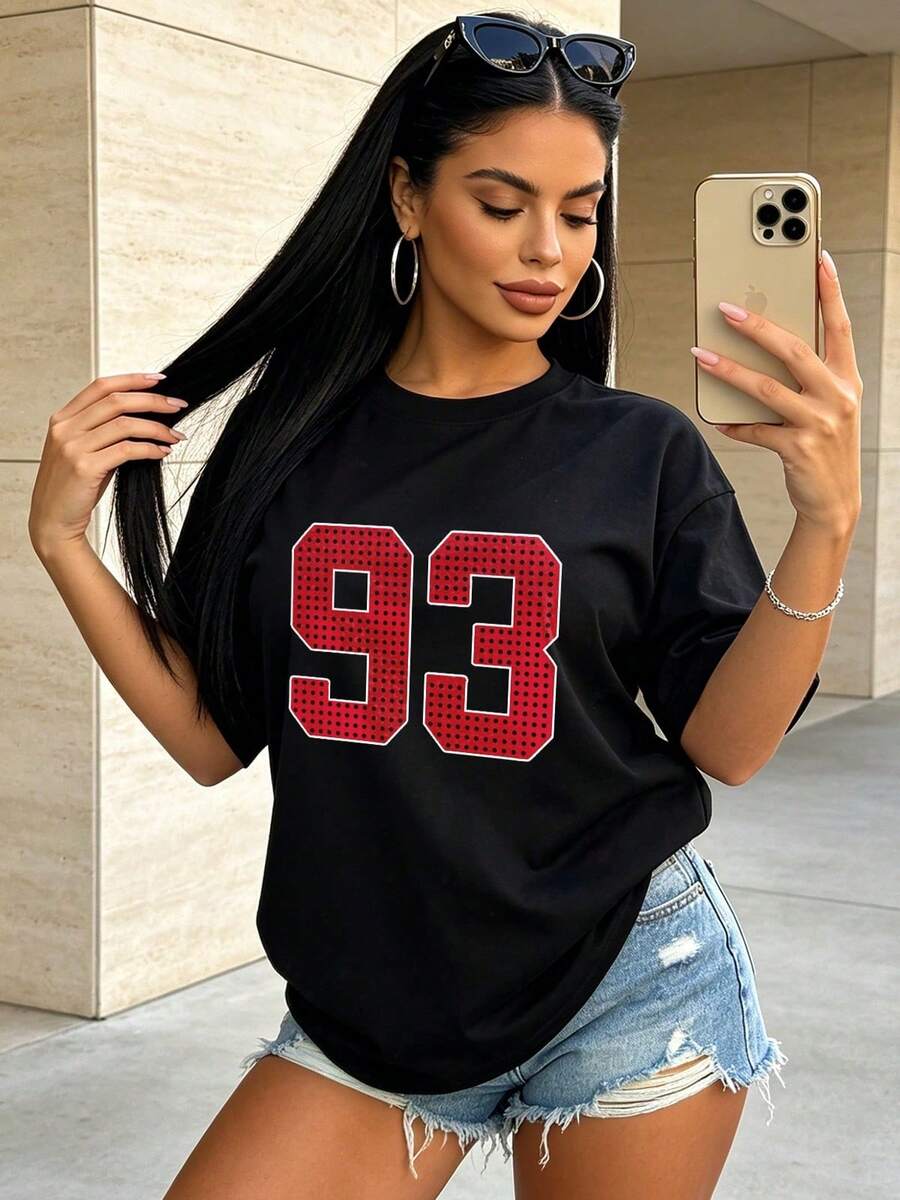 Women's Summer Casual Soft Round Neck Short Sleeve T-Shirt,Red Dotted Number 93 Print Graphic Suitable For Spring And Summer.White - Black - View 1