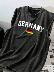 YUNCHIC 男士夏季日常美式復古街頭風運動街頭穿搭壞男孩硬漢德國國旗 GERMANY 圖案世界盃圓領無袖背心居家工作戶外城市休閒版型街頭休閒青年 - 黑色 - 查看 2