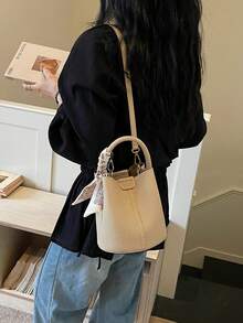 Túi xách nữ kiểu dáng xô, thời trang, đa năng, thanh lịch, màu trơn kẻ sọc kaki, kèm khăn quàng cổ, thích hợp cho mua sắm và đi làm, có kèm túi nhỏ. - Màu Khaki - Xem 6