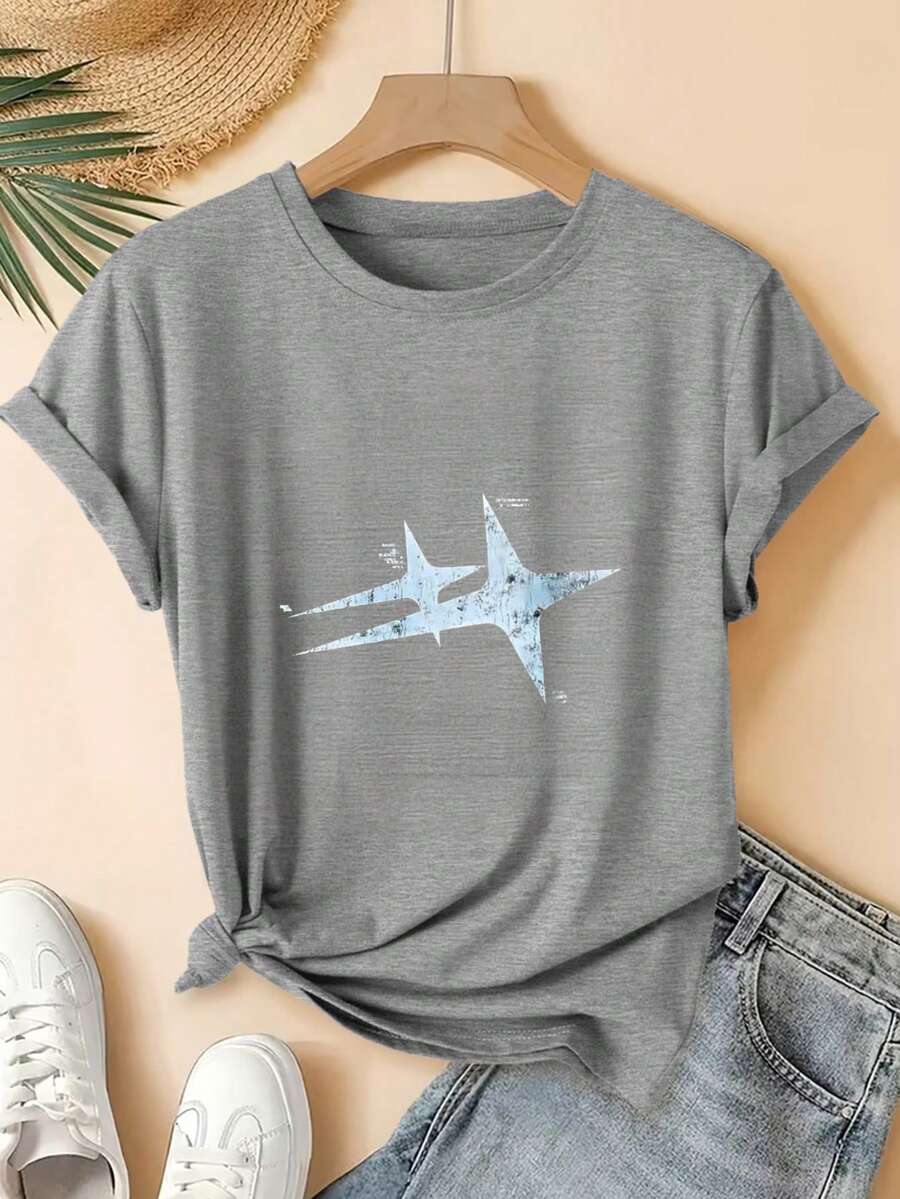 Star Jet Print Design Digital Print Short Sleeve Unisex Pure Cotton Loose And Comfortable - Grey - View 1