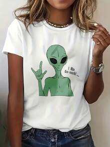 Alien Making Peace Sign With Digital Print Text Short Sleeve Unisex Pure Cotton Loose And Comfortable - 白色 - 查看 7