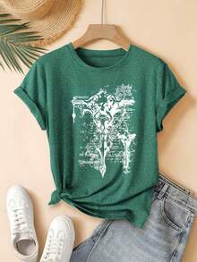 Gothic Cross Script Art Design. Digital Print. Short Sleeves. Unisex. Pure Cotton. Loose And Comfortable. - Green - View 1