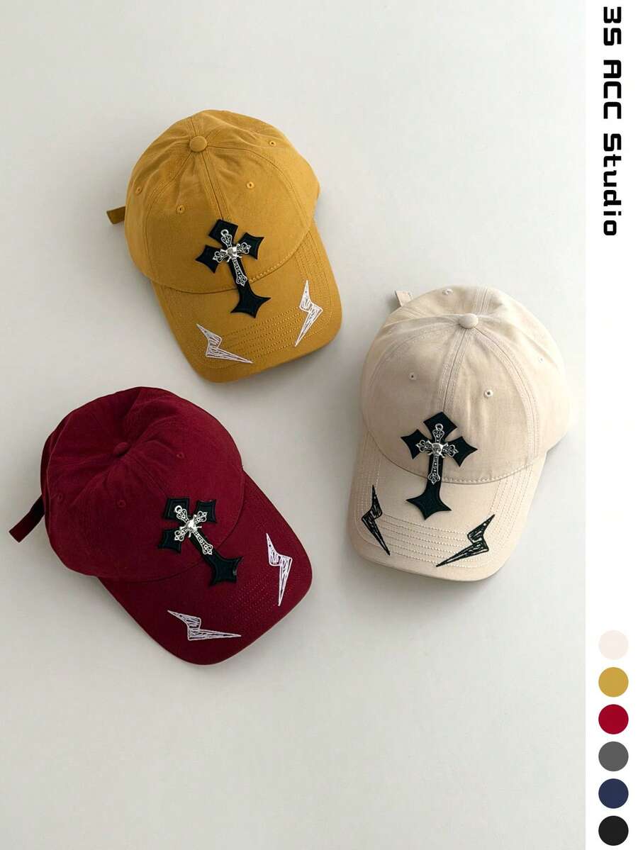 复古十字绣棒球帽,复古刺绣艾比风格百搭做旧棒球帽,个性化十字绣软顶棒球帽,美式复古十字遮阳帽 - 彩色 - 查看 1