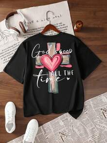 Women's Pink Graphic T-Shirt With Cross And Heart, "God Is Always Good", Short Sleeves, Round Neck, Soft, Comfortable, Loose Casual Fit. Ideal For Church And Everyday Summer Wear. - 黑色 - 查看 2