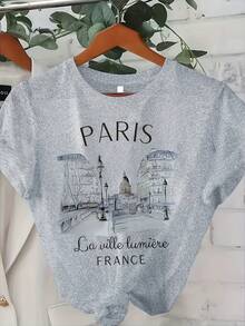 Round Neck T-Shirt With  Paris Print For Summer - Light Grey - View 6