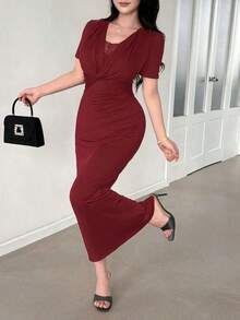 Vestido ajustado de mujer con parches de encaje romántico y elegante - Rojo - Ver 4