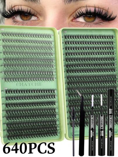 200/640pcs Natural C-Curl Cluster False Eyelashes, 10D-50D Mixed Length 10-16mm, Natural & Cat Eye Styles, Suitable For Various Makeup, Multi-Purpose Lashes, Perfect Makeup Tool For Women, Suitable For Beginners, Reusable Cluster Lash Set Includes Glue & Application Tools
