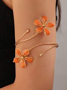 1pc Exquisite Orange Flower Bangle Bracelet, Vacation Style Elegant Niche Accessory - A - View 5