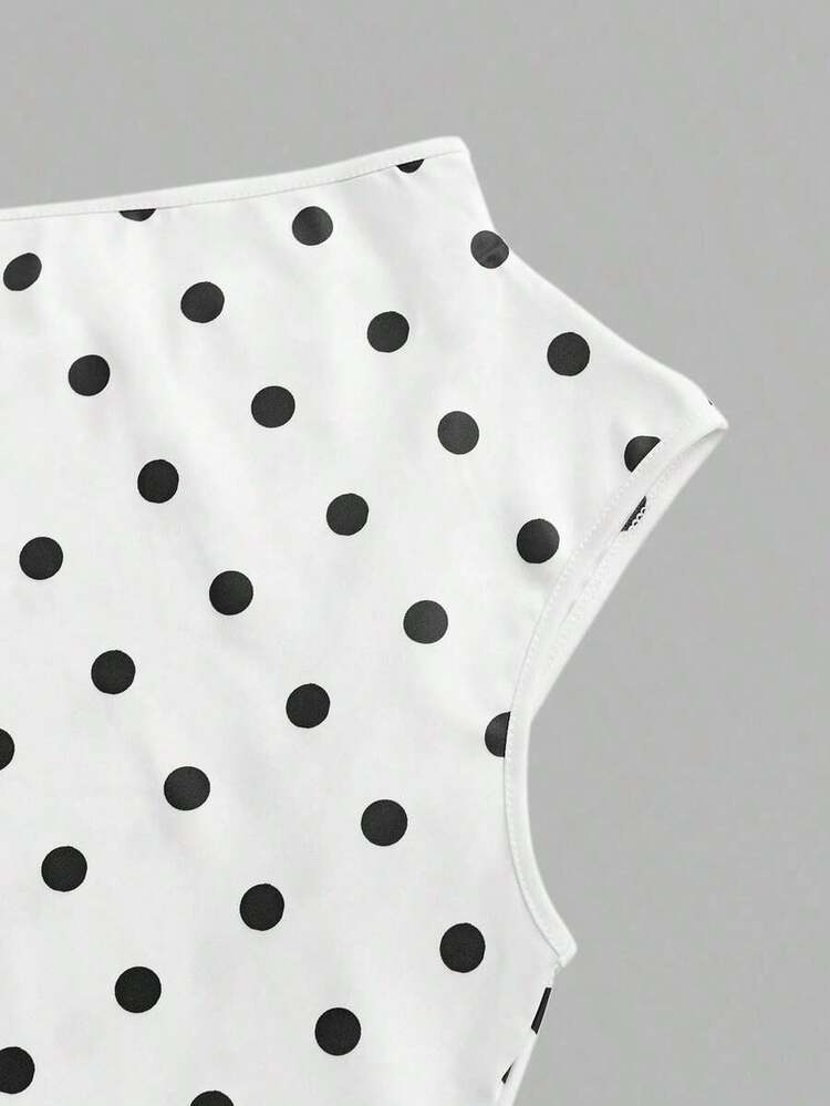 Vestido corto de verano minimalista de mujer con tirantes de lazo, sin mangas y de unicolor asimétrico con lunares blancos - Rojo - Añade 9