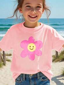 Pink Flower With  Face Printed T-Shirt For Kids - Pink - View 8
