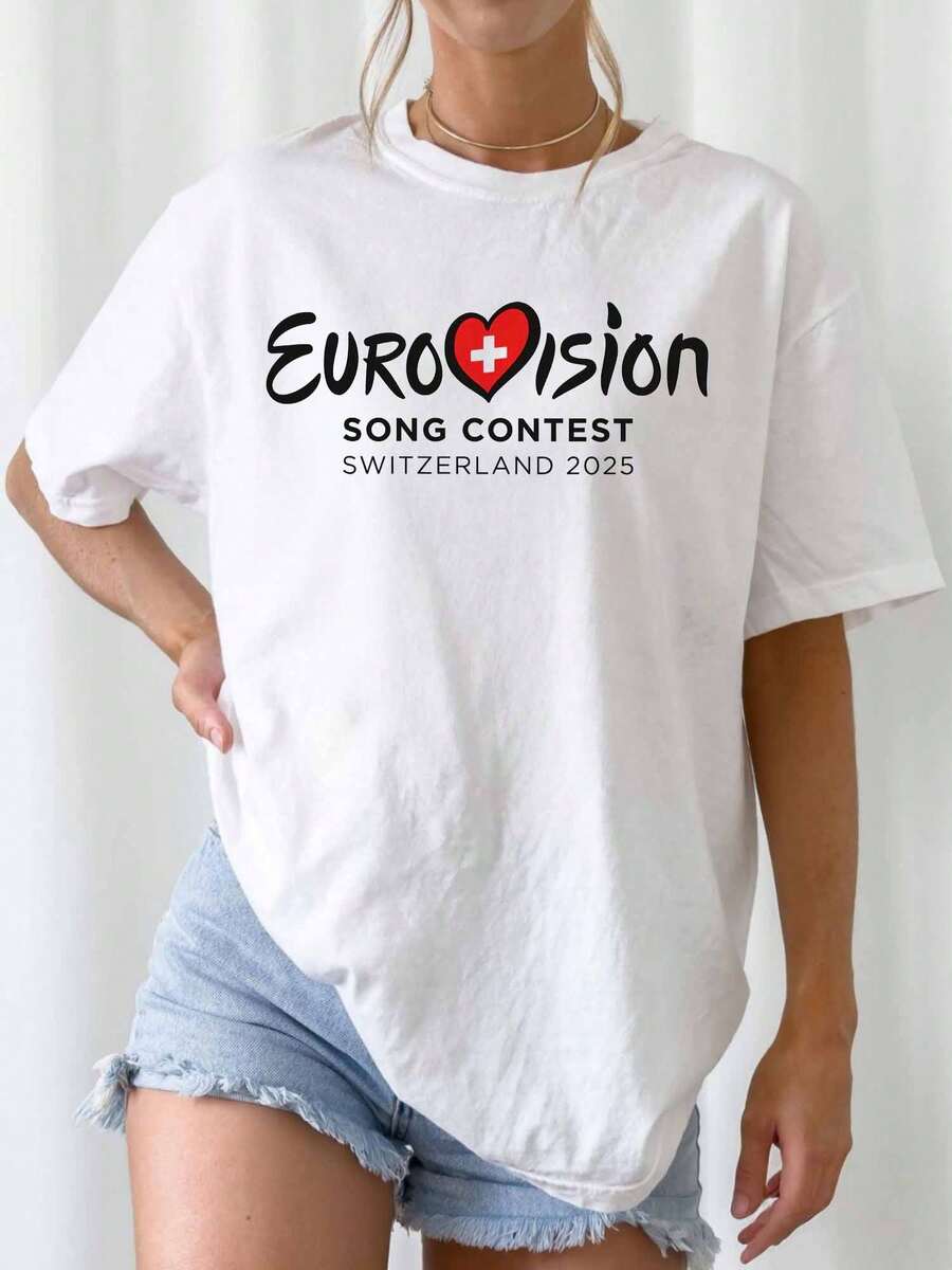 Eurovision Song Contest 2025 Switzerland Logo Bootleg Oversized Black Graphic T-Shirt - White - View 1