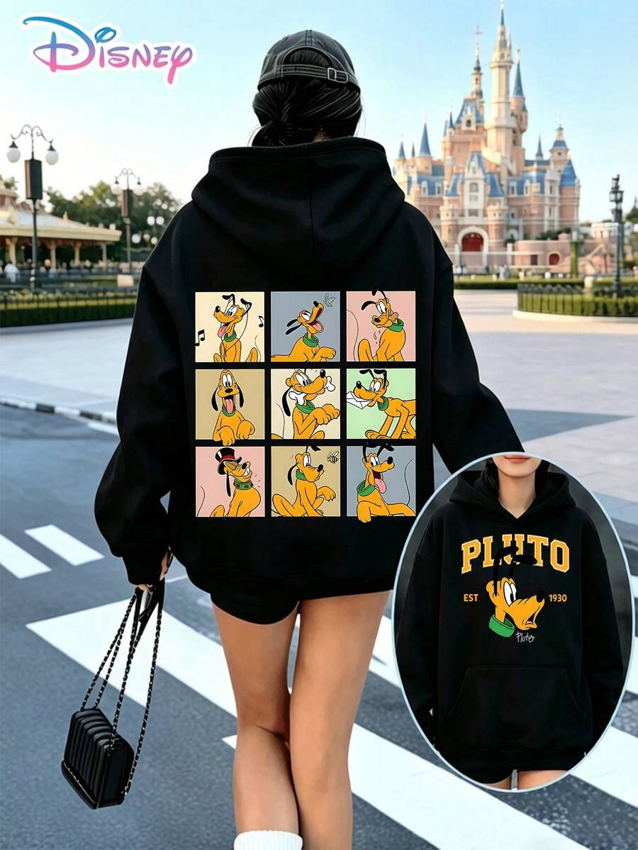 Disney Pluto 9‑Panel Meme Back‑Front Printed Hoodie With "Pluto Est 1930" Slogan. A Relaxed, Casual, And Versatile Unisex Top, Perfect For Holiday Gifting. (Unisex Autumn/Winter Clothing/Casual Everyday Outfits/Patterned Hoodies/Printed Tops/Casual Outfits For Disney‑Park Daily Wear) - màu đen - Xem 1
