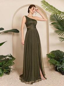 Vestido largo de gasa con cuello asimétrico, busto drapeado, cintura hueca y abertura alta en A, vestido de dama de honor para boda en primavera - Verde militar - Ver 5