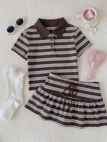 Conjunto de 2 piezas de camiseta de manga corta a rayas y minifalda casual de verano para mujer - Multicolor 3 - Ver 3