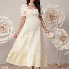 Vestido elegante de maternidad con cuello cuadrado, mangas abullonadas y estampado floral jacquard - Albaricoque - Ver 7
