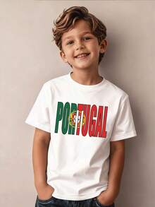 Boys' Casual And Fashionable T-Shirt With A Portugal Flag Graphic, Short Sleeves, Children's Clothing For Boys Aged 5-13 Years, Sportswear For Everyday And Festive Wear - 白色 - 查看 1
