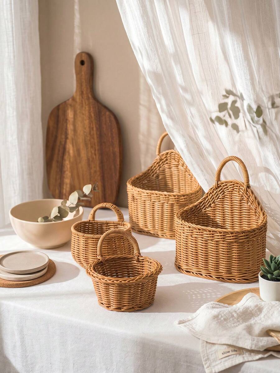 1pc Handwoven Rattan Wall Hanging Storage Basket, Kitchen Utensil Holder, Woven Hanging Basket With Handle, Multi-Purpose Organizer For Spatula, Chopsticks, Fruit, Vegetables, Home Decor - Multicolor - View 1