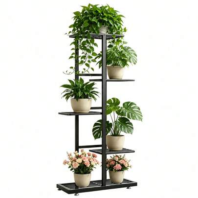 Estante metálico de 5 niveles para 6 plantas en maceta, estante para plantas de interior y exterior, estantería para patios, jardines, rincones, balcones y salones, color negro Estantería plegable de varios niveles, que ahorra espacio y se sostiene por sí sola