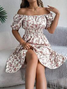 Women's Casual Vacation Elastic Drawstring Short Sleeve Ditsy Floral Dress, Spring/Summer Elegant - White - View 5