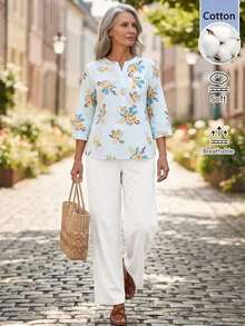 Conjunto casual diario de blusa con cuello en V y estampado floral y pantalones para mujeres de mediana edad y mayores - Multicolor - Ver 5