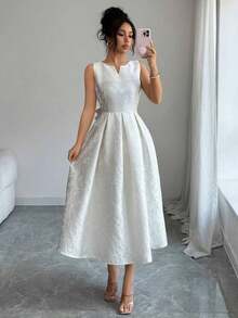 Vestido de mujer tejido jacquard con cuello en pico, sin mangas y cintura ceñida, elegante y de moda - Albaricoque - Ver 6