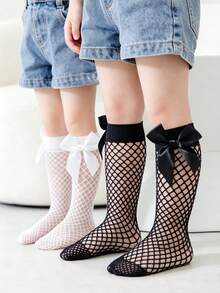 2pairs Baby Girls' Black And White Fishnet Stockings With Bowknot, Sweet And Fashionable For Daily Wear In Summer - Black and White - View 6
