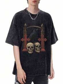Men's Pure Cotton Crow Skull T-Shirt, 100% Cotton, Creative Gothic Style Print, Machine Washable, Elastic Fit, Vintage Urban Casual Wear - 黑色 - 查看 1