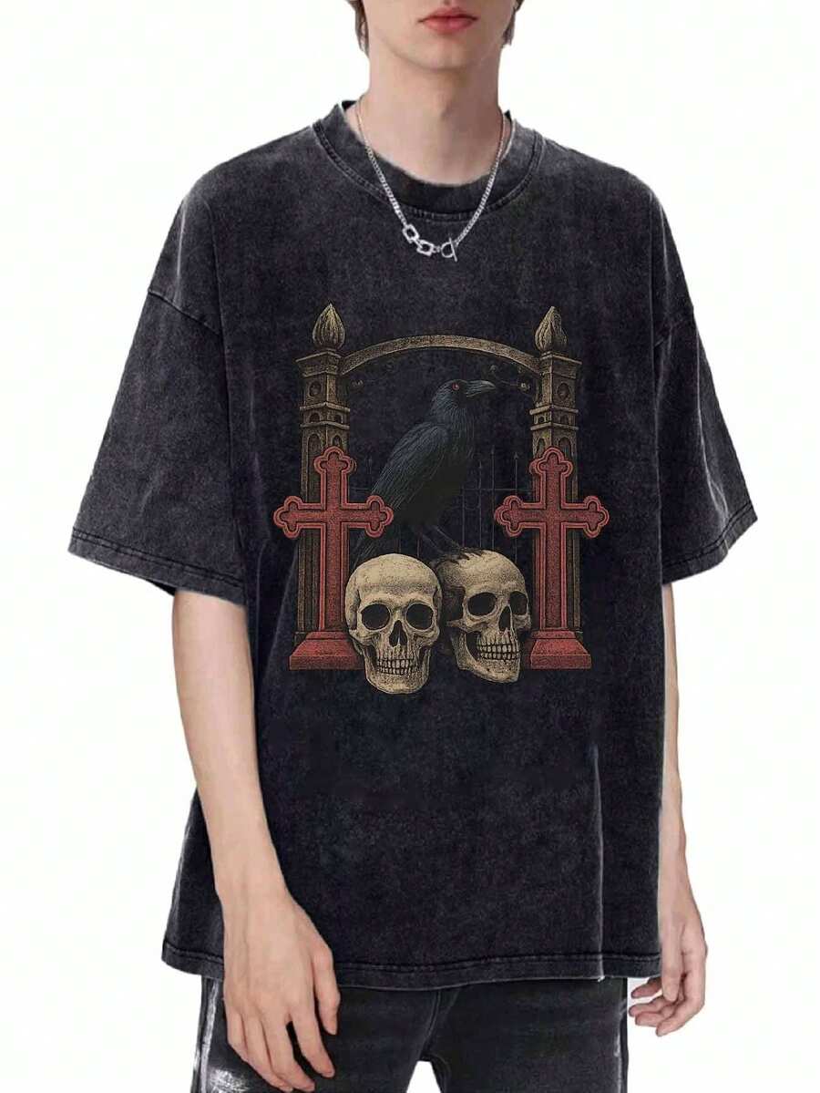Men's Pure Cotton Crow Skull T-Shirt, 100% Cotton, Creative Gothic Style Print, Machine Washable, Elastic Fit, Vintage Urban Casual Wear - 黑色 - 查看 1