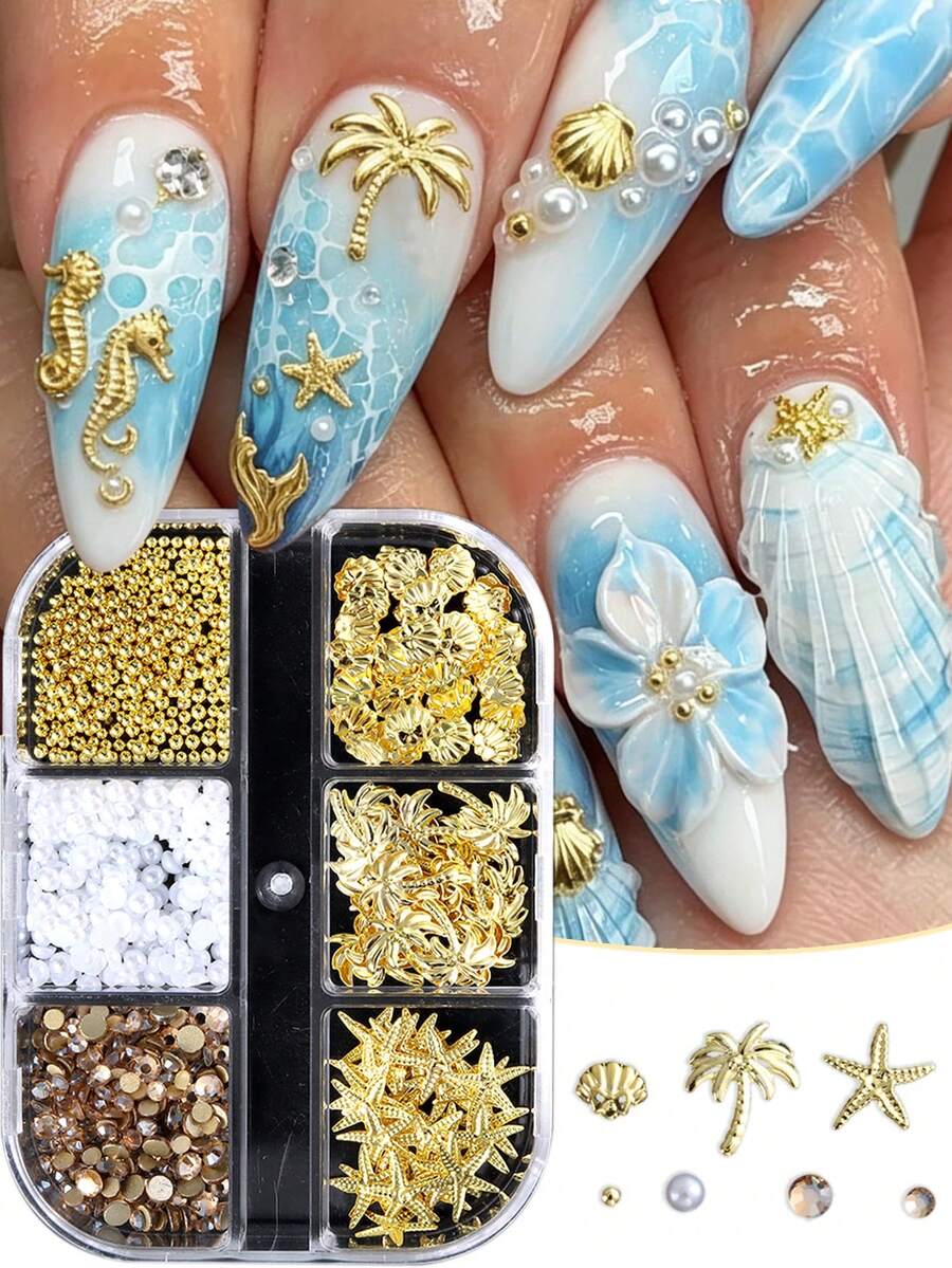 海星貝殼合金美甲裝飾,珍珠沙灘風,全新海洋主題 DIY 美甲裝飾,水鑽貼紙,金色迷你鋼珠,百搭美甲配件美甲飾品 - 彩色 - 查看 1