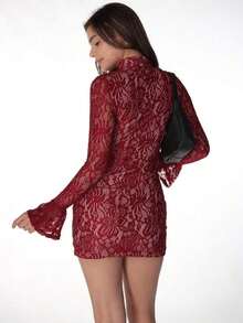 Spring Party Dress: Fitted Mini, Flared Sleeves And Hollow Lace Details – Elegant Look - 波爾多 - 查看 3