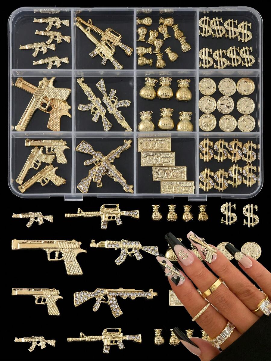 Nail Charms Y2k Alloy Nail Art Rhinestone Charms 3D Coin Dollar Charm With Rhinestones Nail Gems Shiny Nail Decorations Accessories Supplies - Gold - View 1