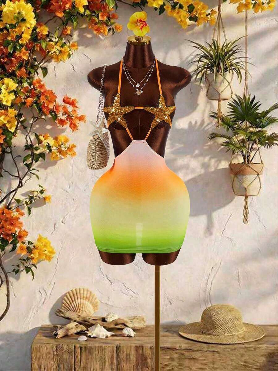 Nuevo vestido mini semitransparente con parches de estrellas para mujer - Multicolor - Ver 1
